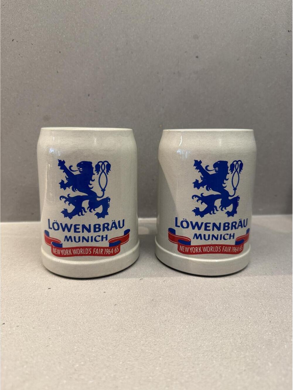 Löwenbräu Munich 1964-65 NY World’s Fair Stoneware Beer Stein Mug Set of 2